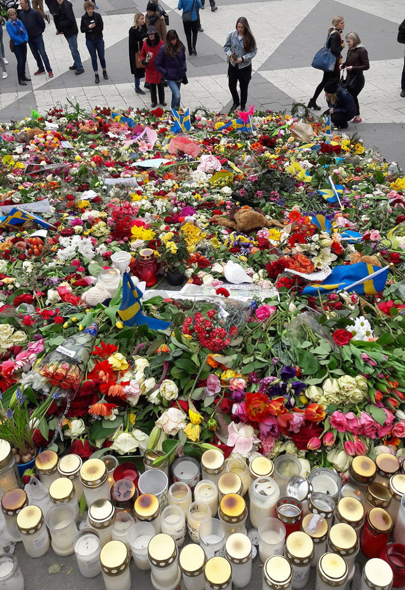 Flowers after the attack in Stockholm